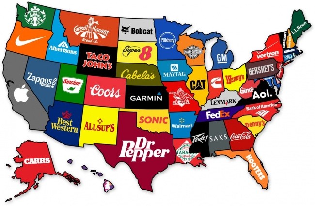 Karte von beruehmten Marken in allen US-Bundesstaaten